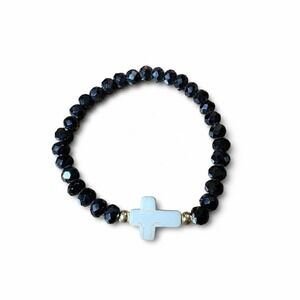 Faceted Black Bead Cross Stretch Bracelet Faith Jewelry Gift Pouch NEW Elegant
